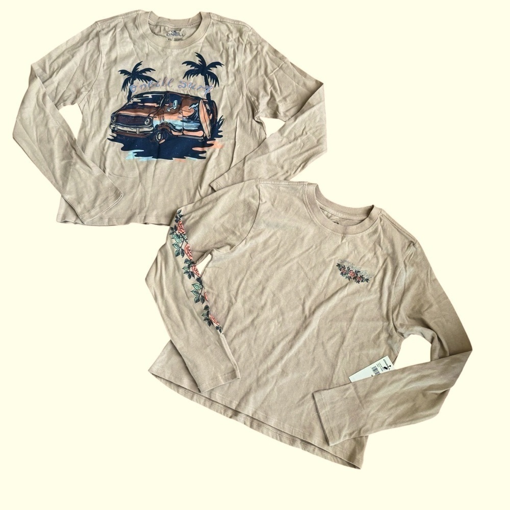 O’Neill Surf Beige Graphic Tops Long Sleeve Bundle 2PC Set Youth Girls XL NWT